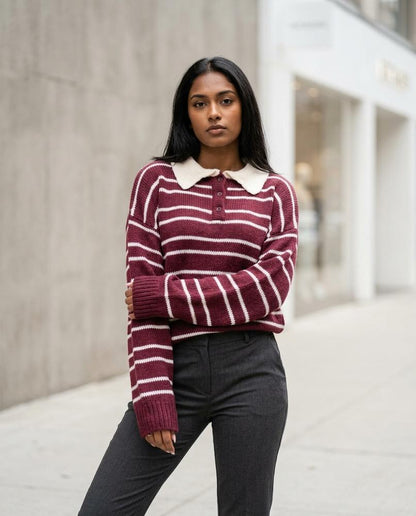 Nelly24 - Nover | Gestreift Gekragt Pullover Damen